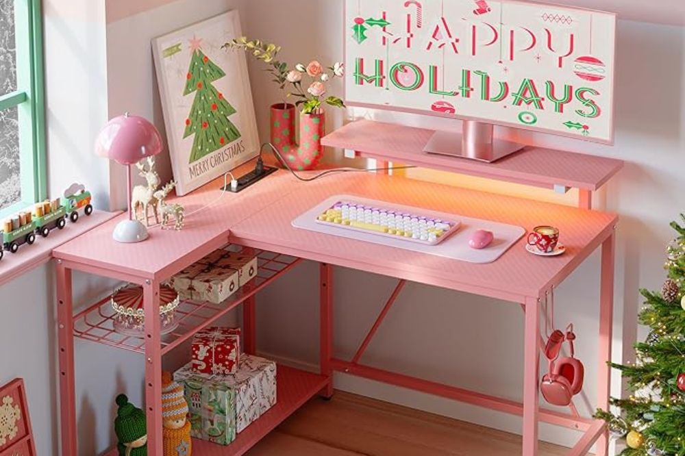 Bestier Gaming Desk with Power Outlets and LED