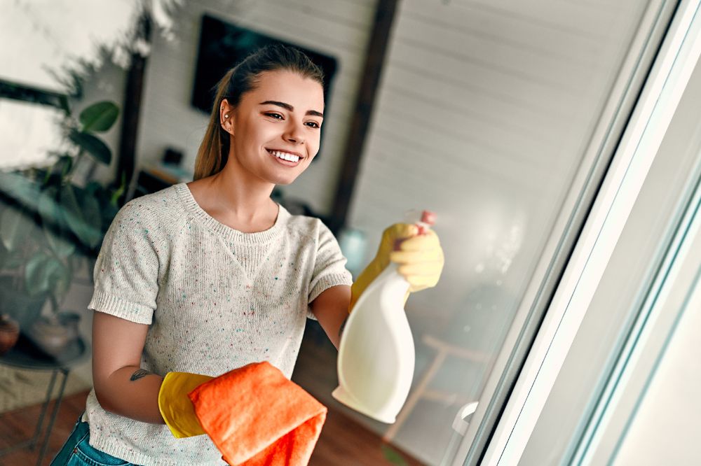 Mom cleaning the house