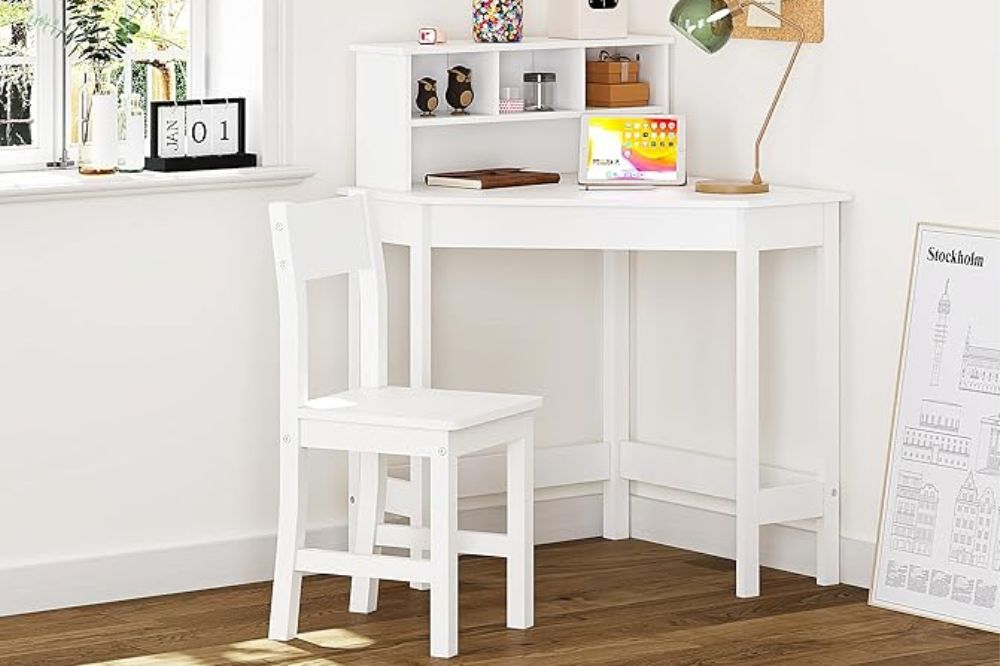 UTEX Kids Wooden Corner Hutch Study Desk with Chair