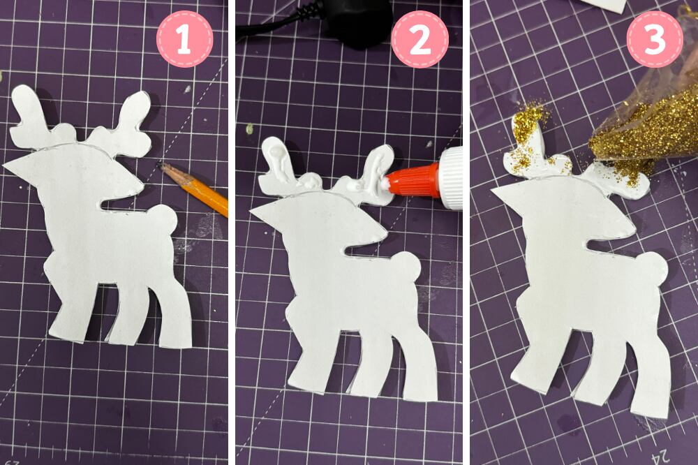 Add glue on the horn of reindeer and pour glitter