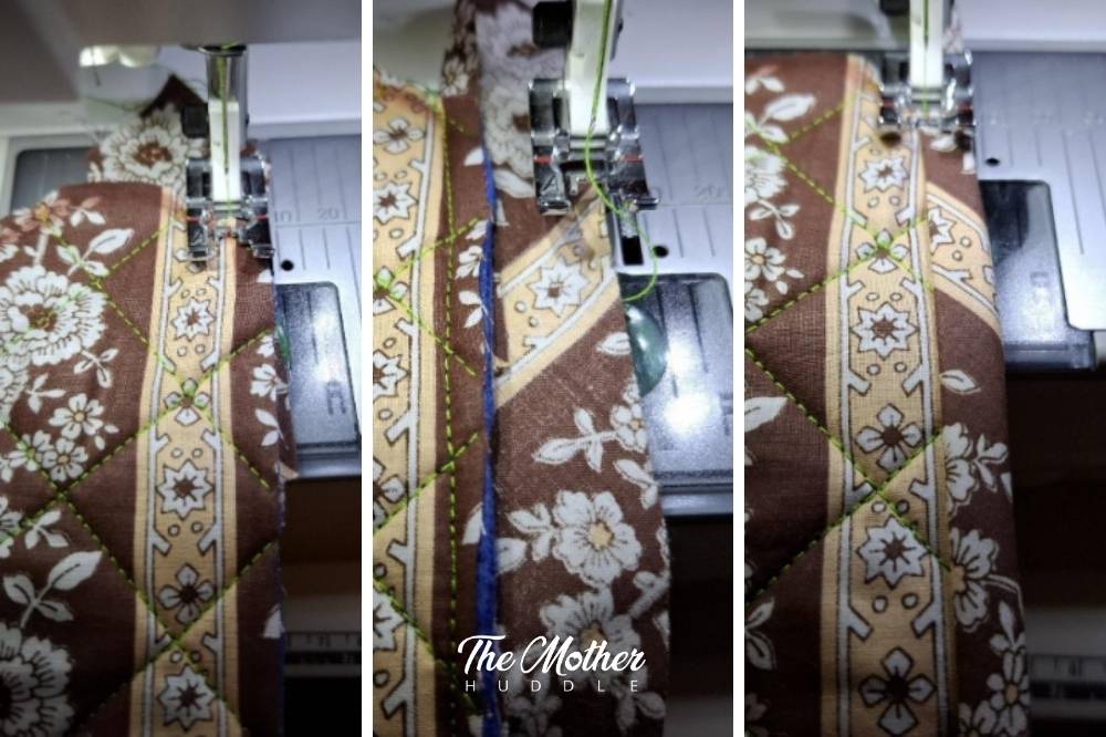 Step 4 - bind the straight edge of the mushroom stem and most of the straight edge of the mushroom cap