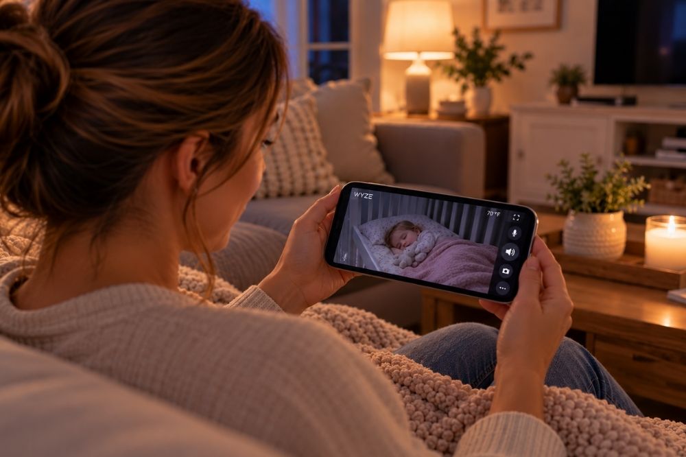 A mother looking at baby monitor to check on her baby