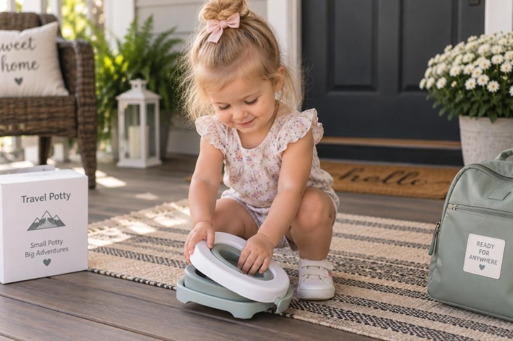 A toddler folding a travel potty