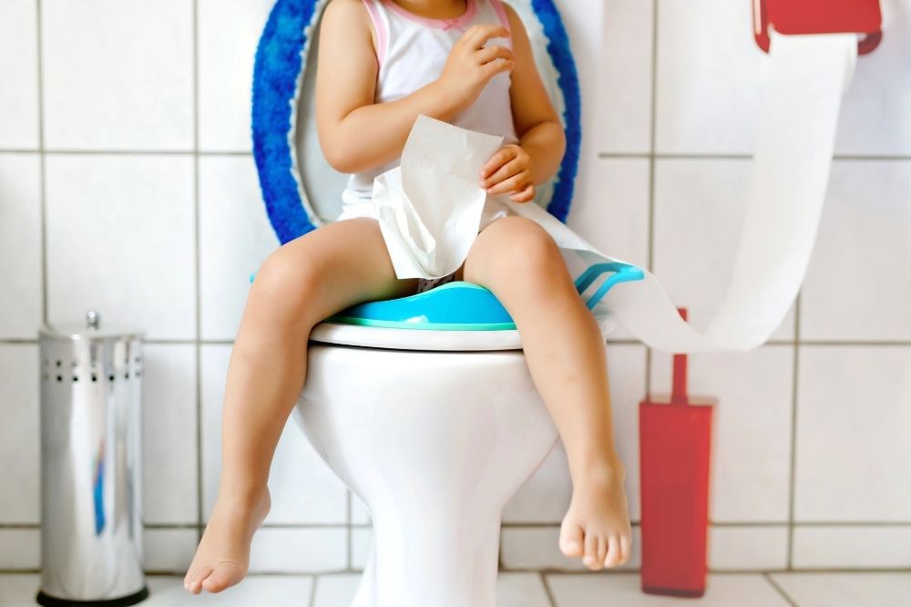 toddler sitting in a Potty seat in the toilet